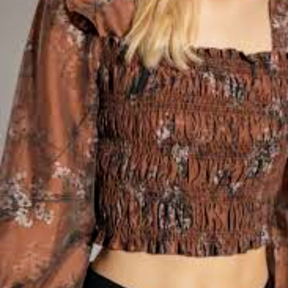 AllSaints ‘Pria’ floral top -Floral Brown Smocked Top New Size 6